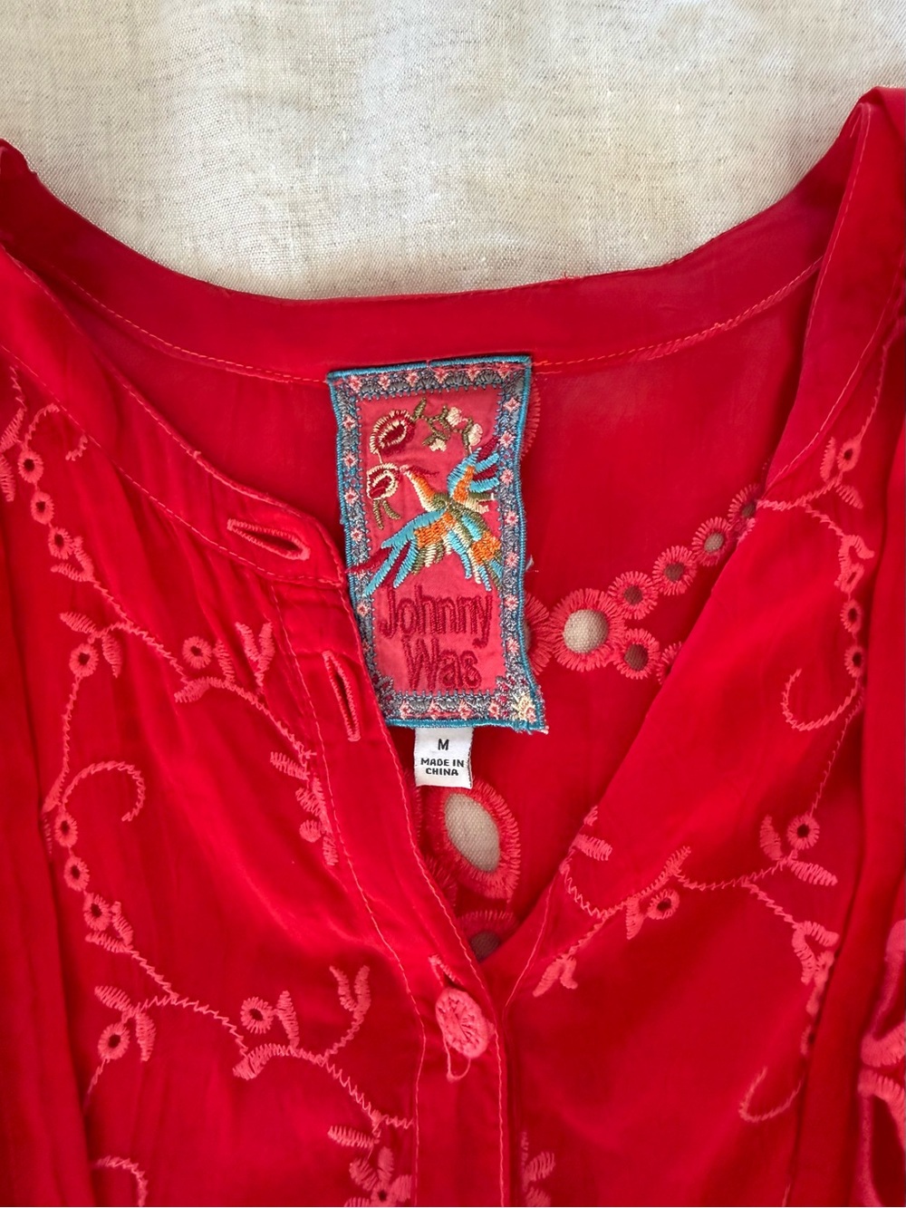 Johnny Was Red Embroidered Button-Front Tunic - Picture 3 of 3